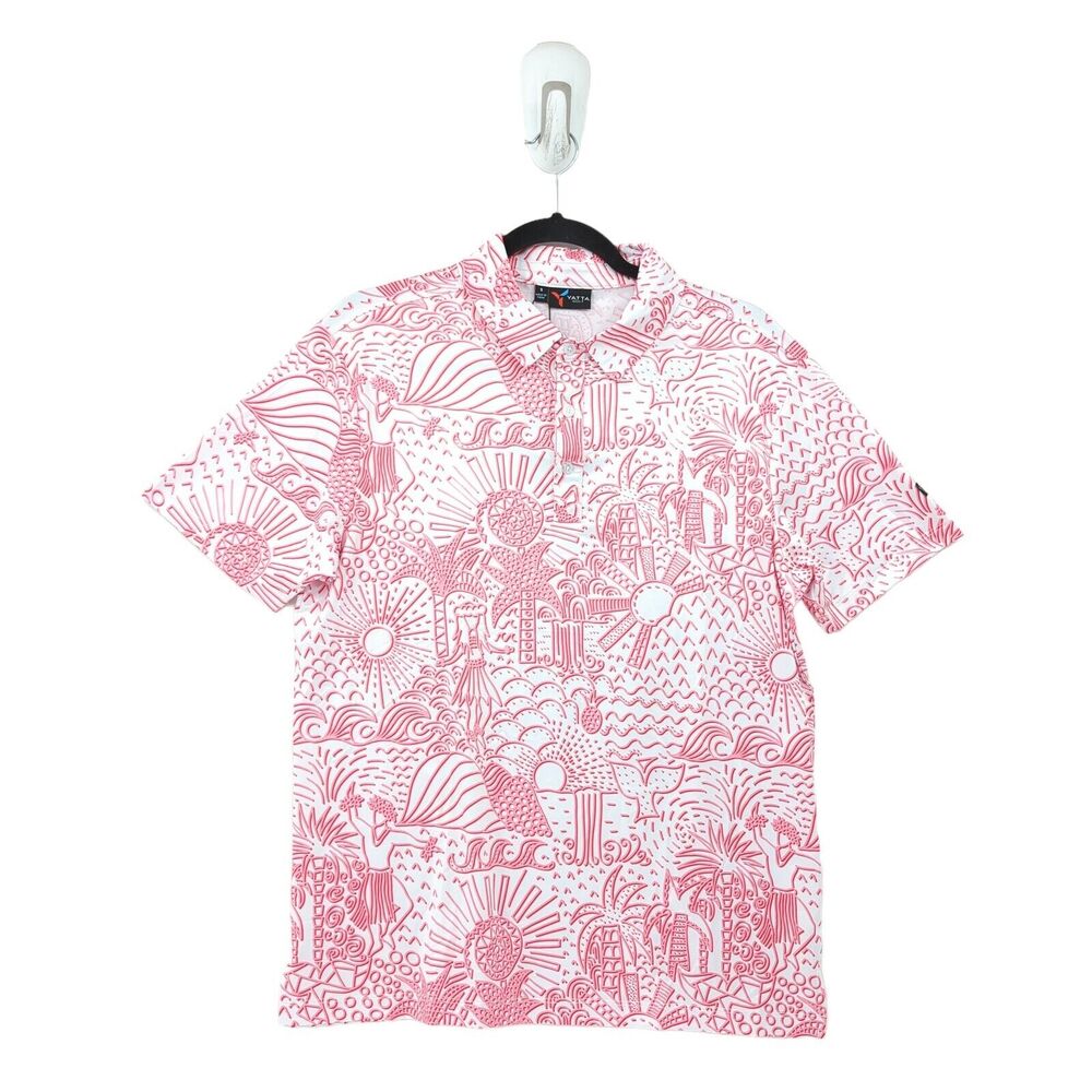 YATTA GOLF Men M Polo Shirt White Pink Stretch Floral Hawaiian Shaka Life NEW